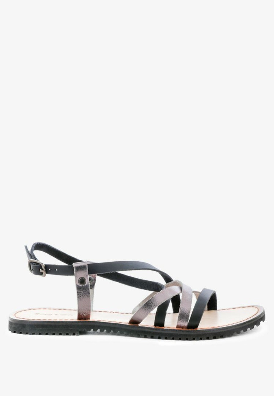 Sandals * | Rag & Co Flats June Black Strappy Flat Leather Sandals Black/Pewter