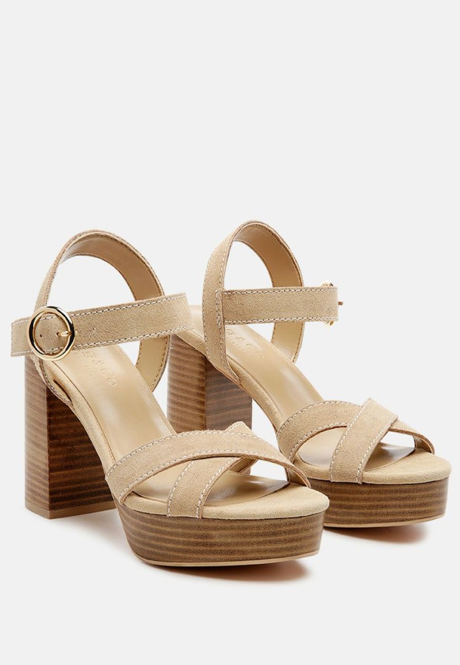 Ss'22 * | Rag & Co Choupette Suede Leather Block Heeled Sandal In Nude