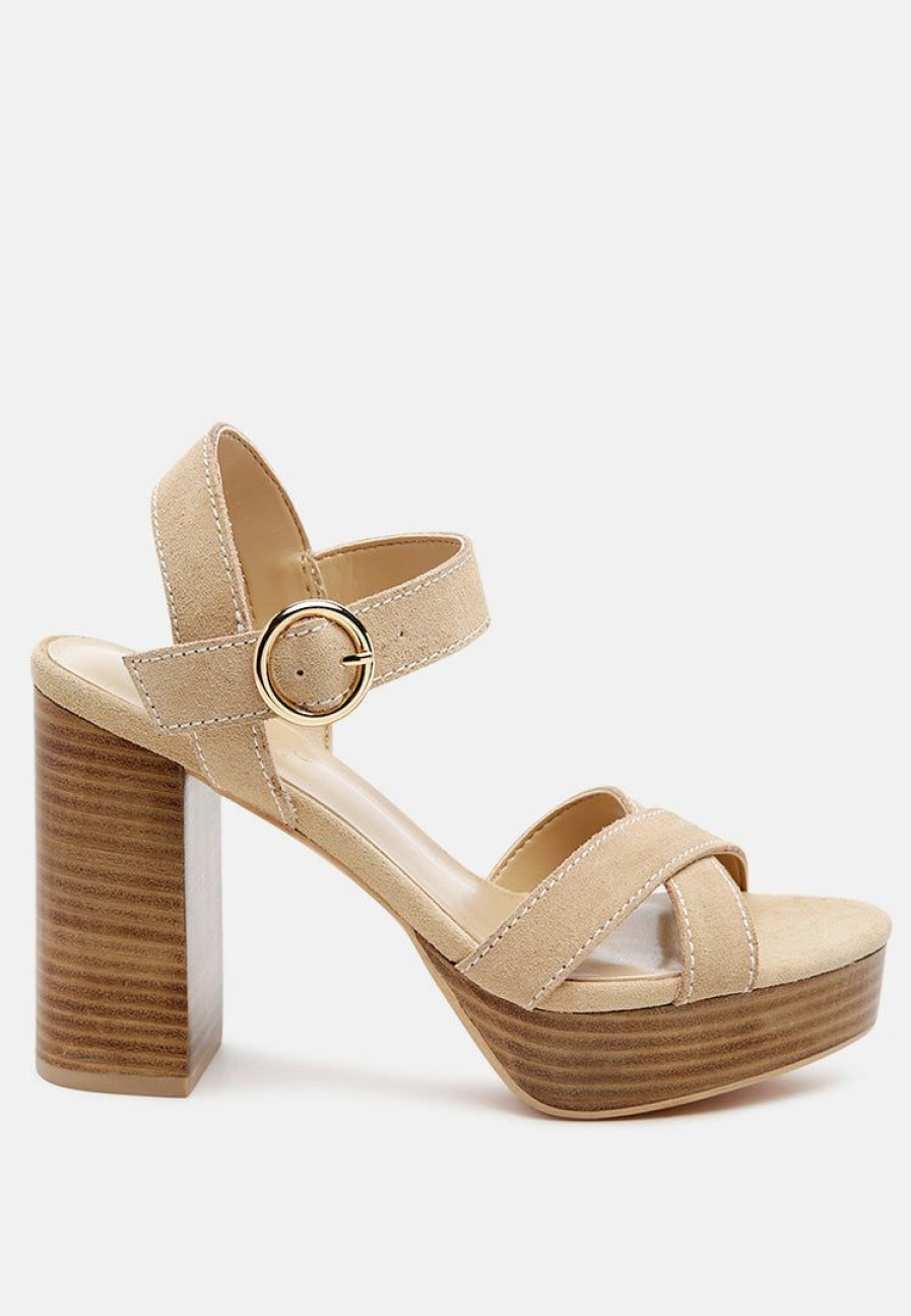 Ss'22 * | Rag & Co Choupette Suede Leather Block Heeled Sandal In Nude