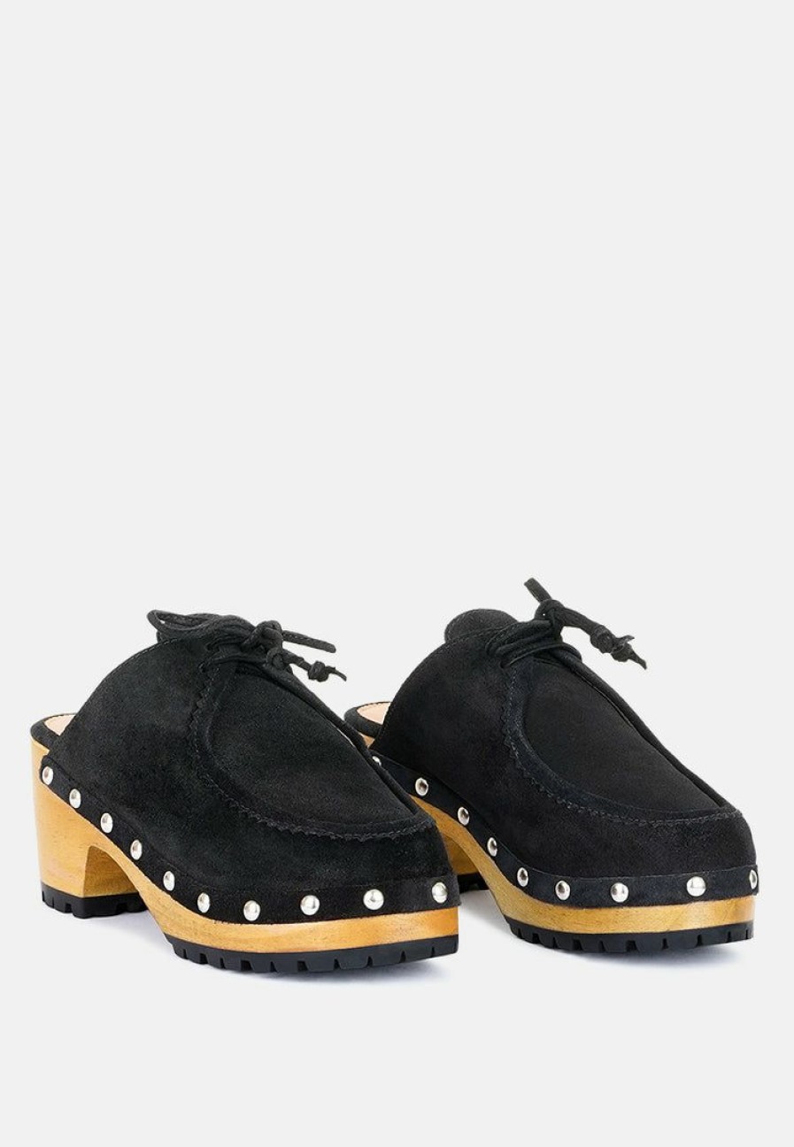 Ss'22 * | Rag & Co Iroko Suede Tie Detail Stud Clogs Black