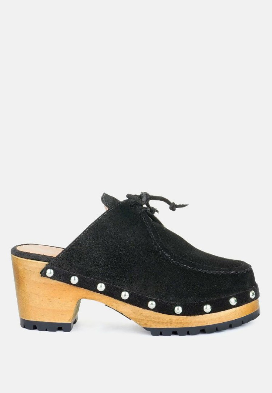 Ss'22 * | Rag & Co Iroko Suede Tie Detail Stud Clogs Black