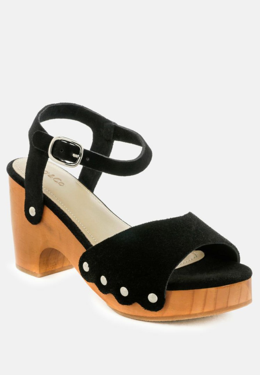 Clogs * | Rag & Co Liona Studded Suede Wooden Clogs Black