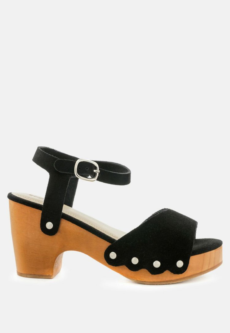 Clogs * | Rag & Co Liona Studded Suede Wooden Clogs Black