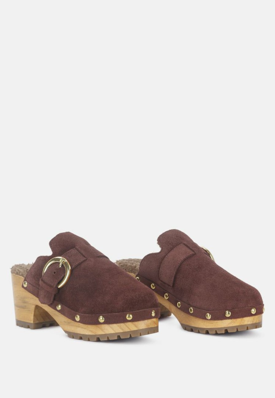 Ss'22 * | Rag & Co Prunus Buckled Suede Round Toe Mule Clogs Brown