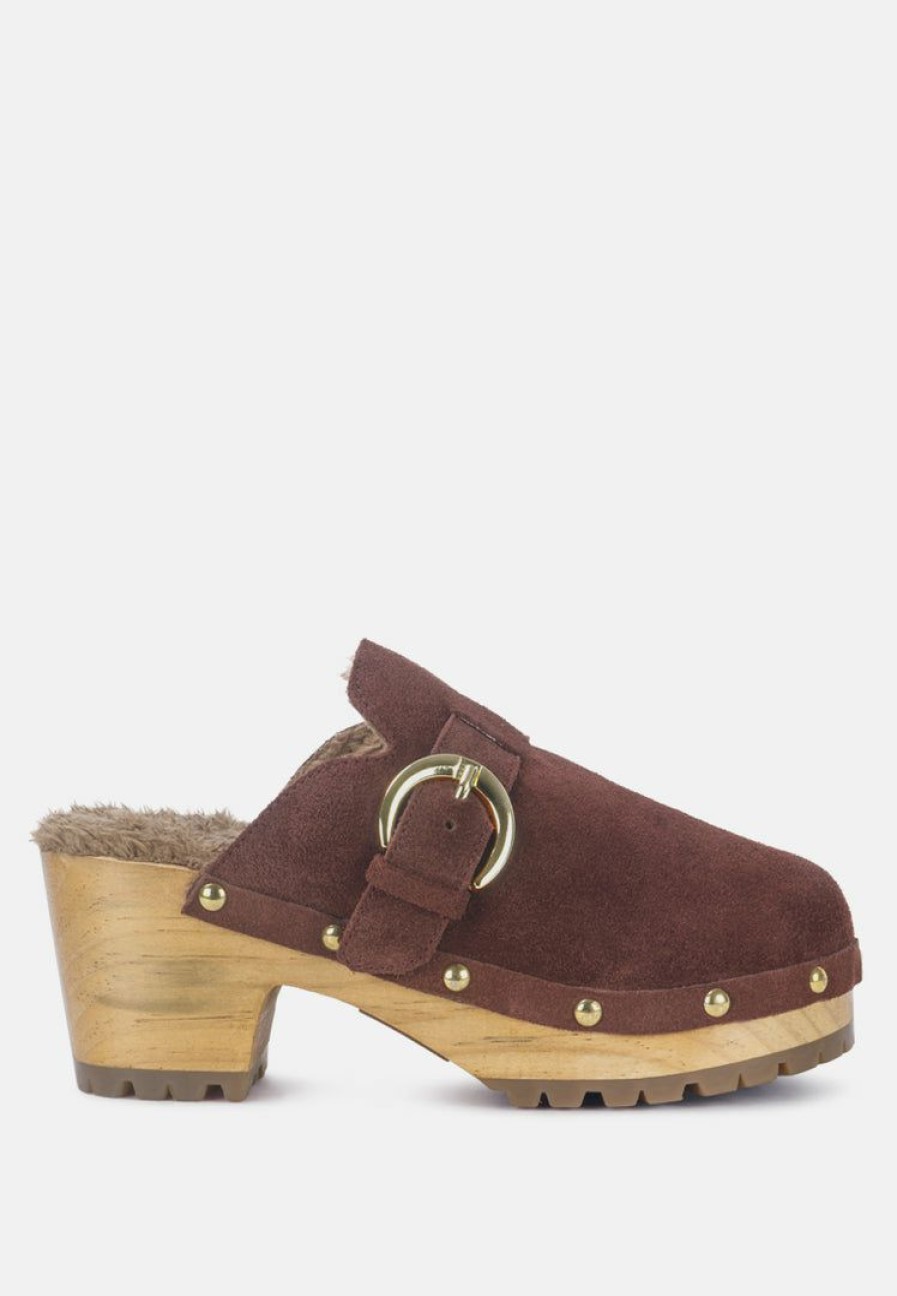 Ss'22 * | Rag & Co Prunus Buckled Suede Round Toe Mule Clogs Brown