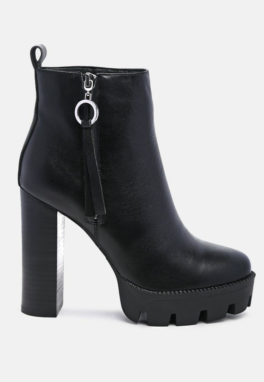 Boots * | Rag & Co Boots Mistress High Block Heeled Chunky Leather Boot In Black