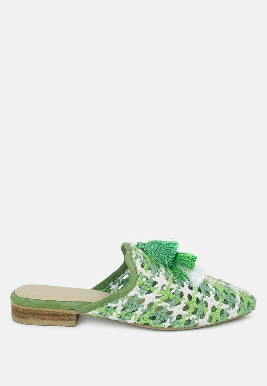 Ss'22 * | Rag & Co Mariana Woven Flat Mules With Tassels Green