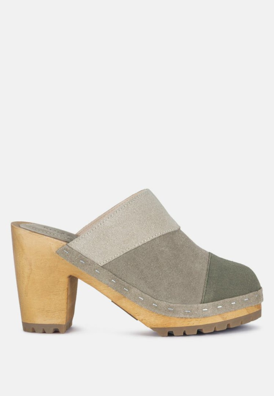 Ss'22 * | Rag & Co Ochroma Vintage Patchwork Suede Mule Clogs In Olive