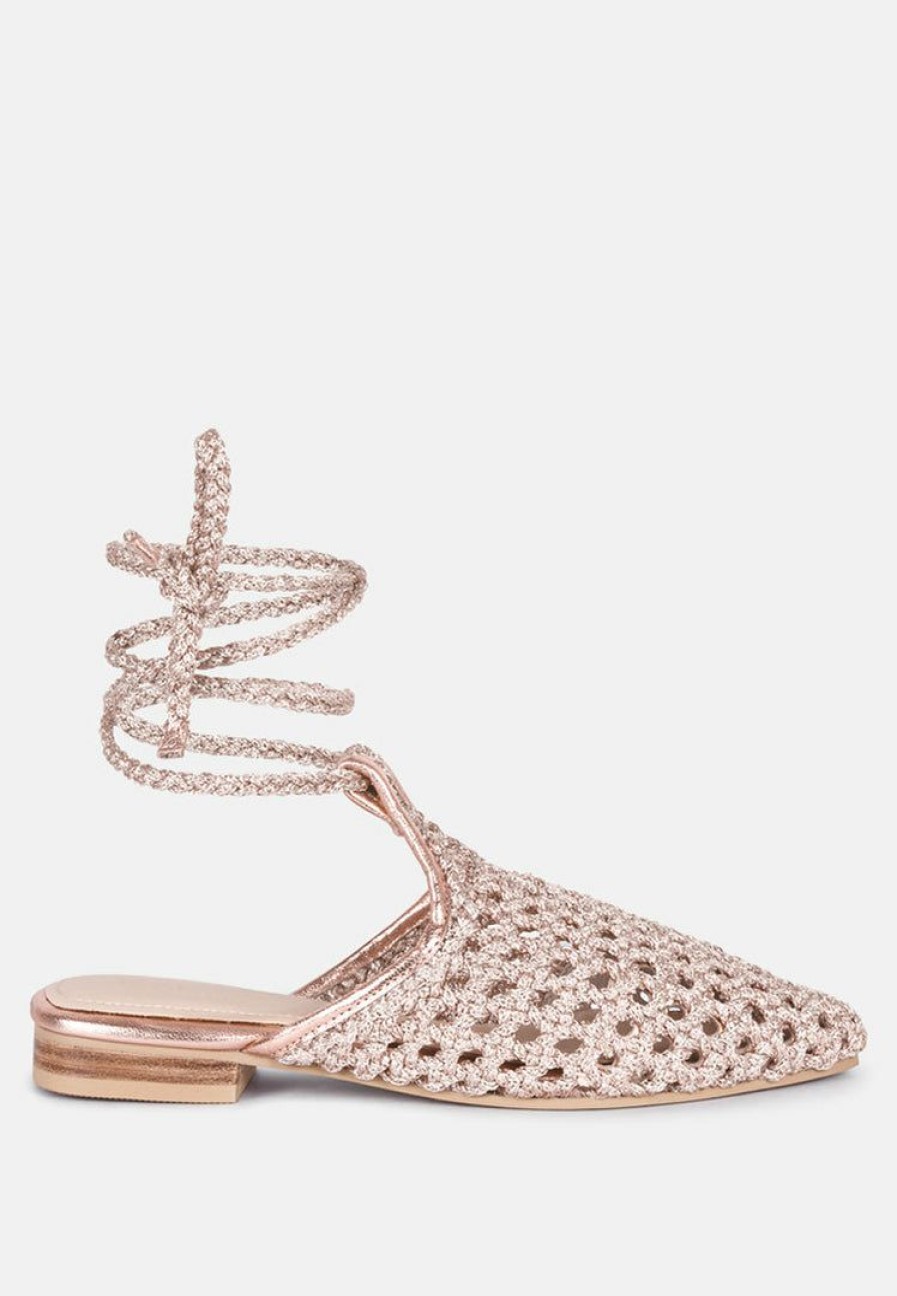 Ss'22 * | Rag & Co Tutsi Gold Handwoven Honeycomb Cotton Tie Up Mule Flats Rose Gold