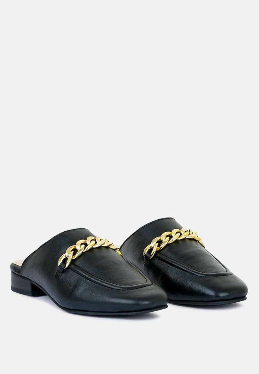 Ss'22 * | Rag & Co Honey Leather Metal Chain Mules In Flats Black