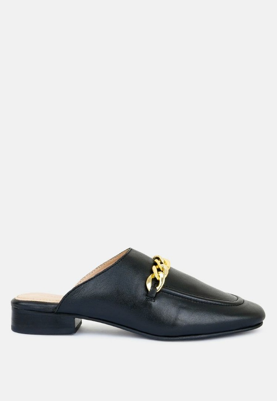 Ss'22 * | Rag & Co Honey Leather Metal Chain Mules In Flats Black