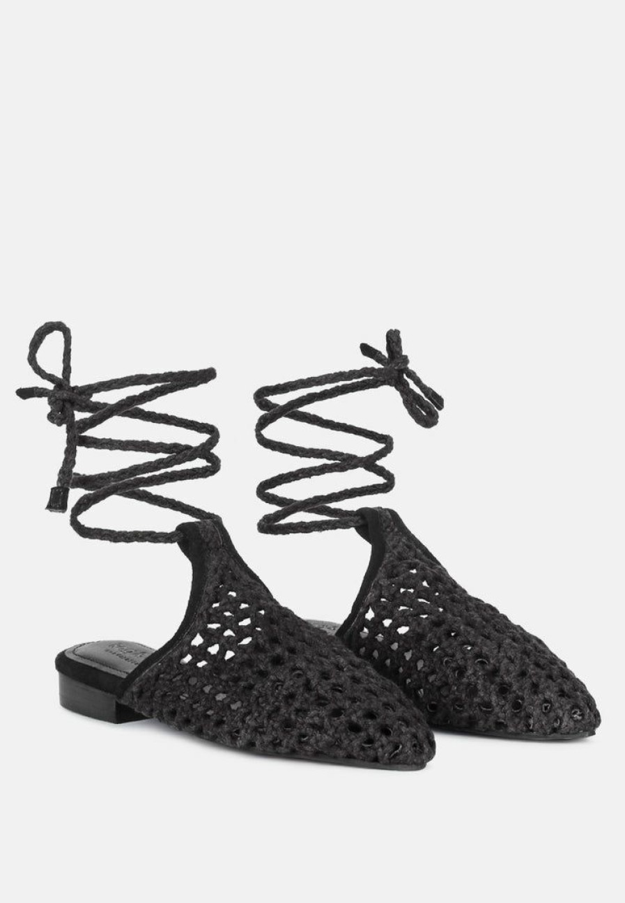 Ss'22 * | Rag & Co Tutsi Handwoven Honeycomb Cotton Tie Up Mule Flats Black