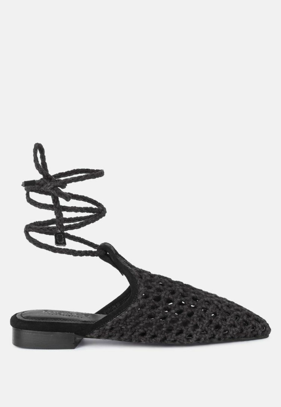 Ss'22 * | Rag & Co Tutsi Handwoven Honeycomb Cotton Tie Up Mule Flats Black