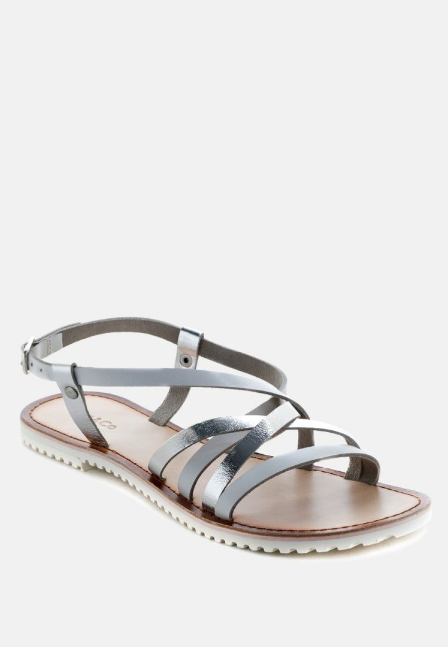 Sandals * | Rag & Co June Strappy Flat Leather Sandals Flats Silver