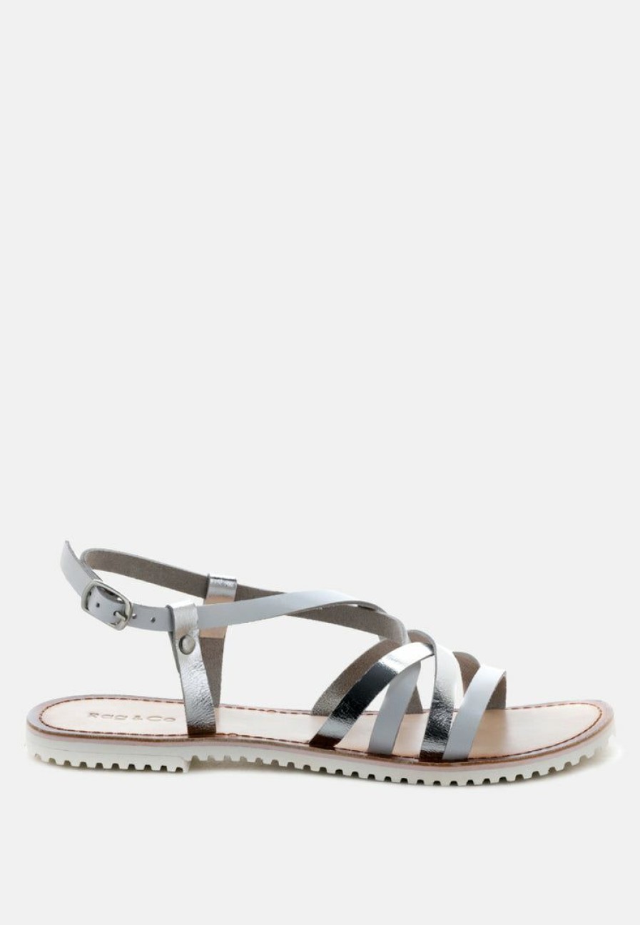 Sandals * | Rag & Co June Strappy Flat Leather Sandals Flats Silver