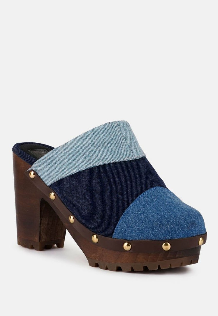 Clogs * | Rag & Co Meso Blue Denim Patchwork Clog Mules Clogs Light Blue