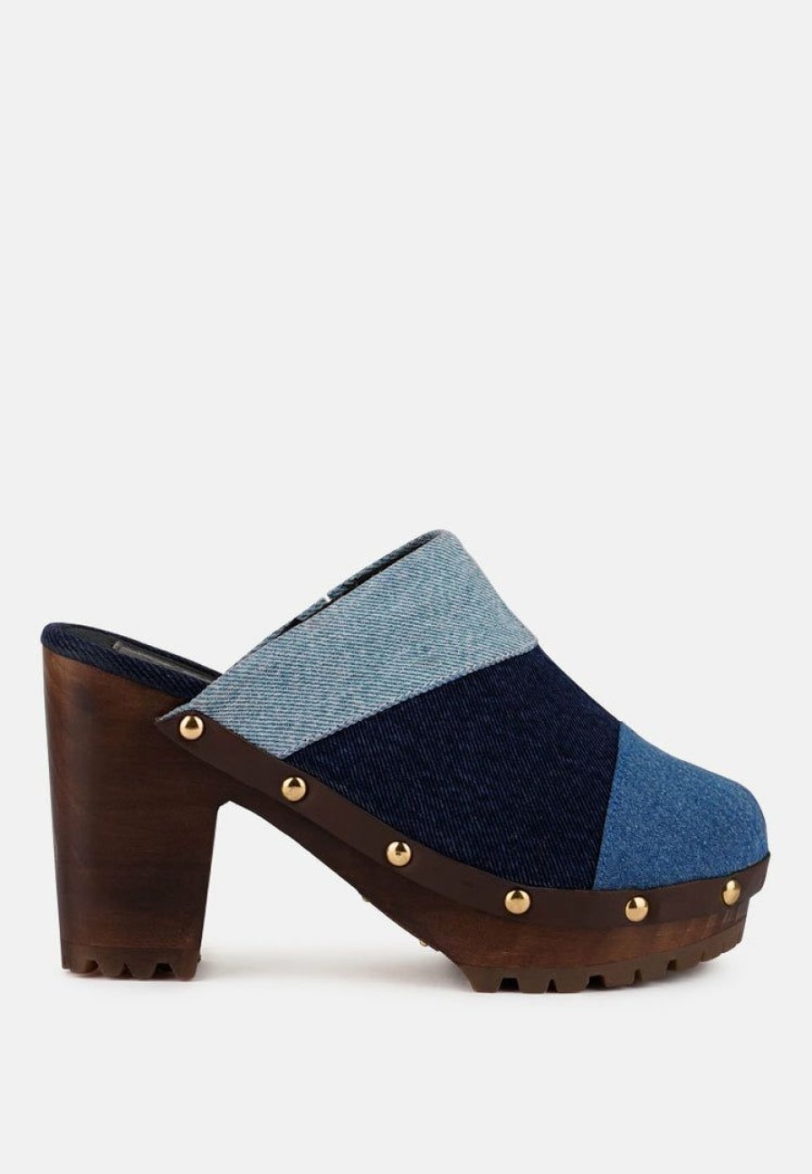 Clogs * | Rag & Co Meso Blue Denim Patchwork Clog Mules Clogs Light Blue