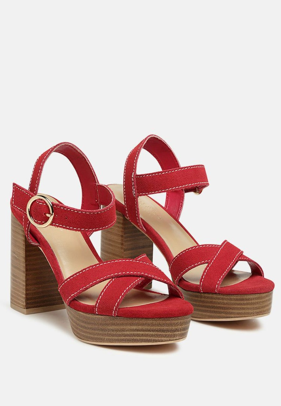 Ss'22 * | Rag & Co Choupette Suede Leather Block Heeled Sandal In Ss'22 Red