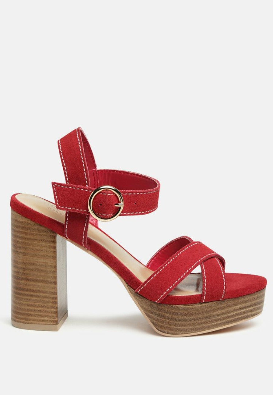 Ss'22 * | Rag & Co Choupette Suede Leather Block Heeled Sandal In Ss'22 Red