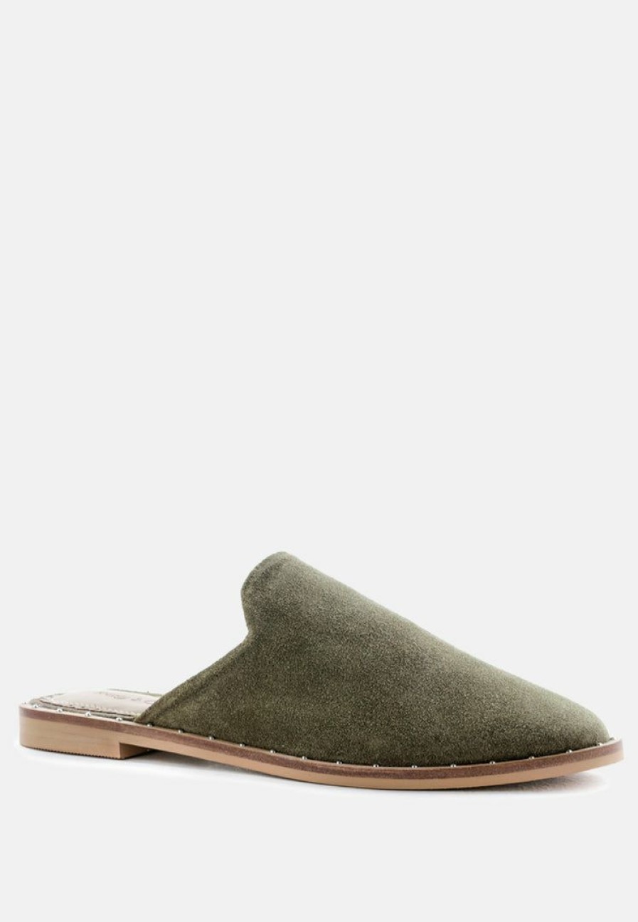 Ss'22 * | Rag & Co Lia Khaki Handcrafted Suede Mules Green