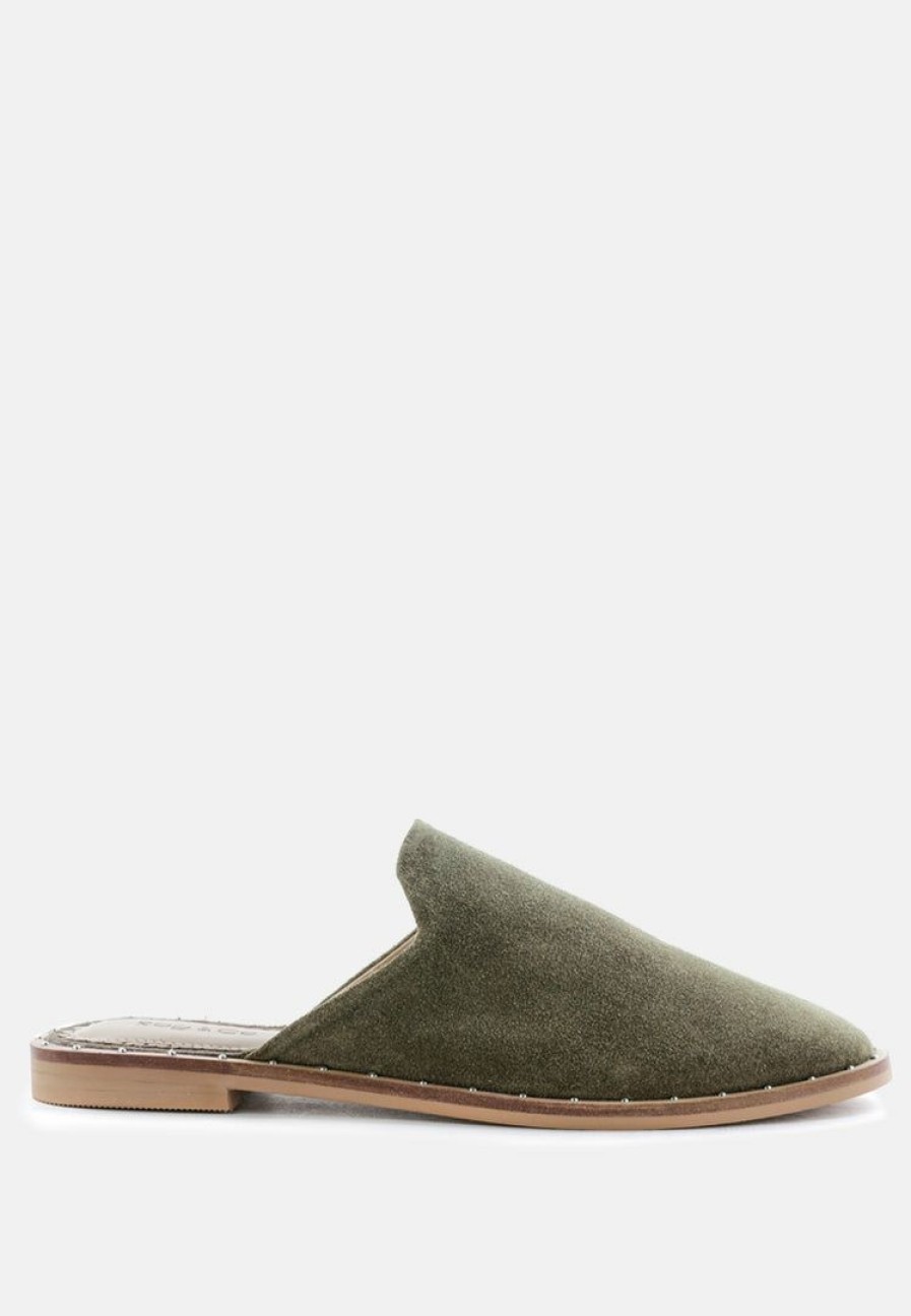 Ss'22 * | Rag & Co Lia Khaki Handcrafted Suede Mules Green