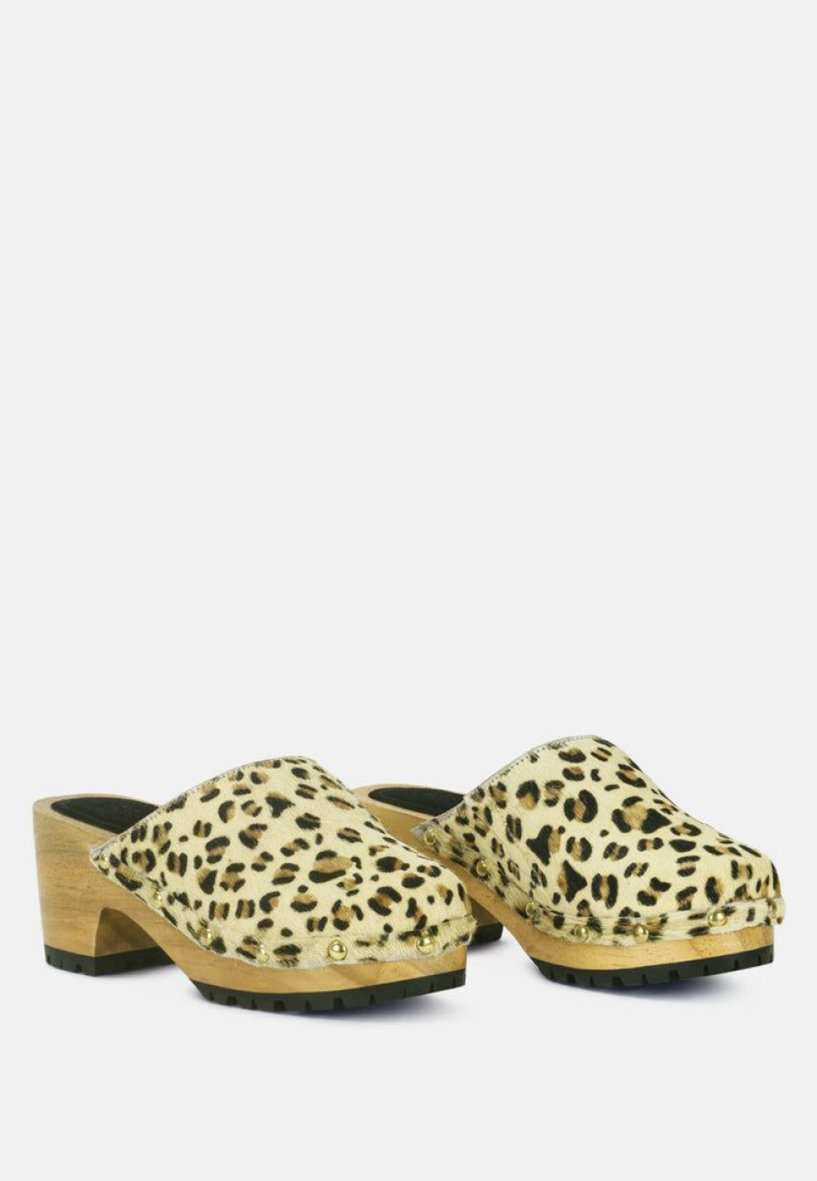 Ss'22 * | Rag & Co Acer Fine Suede Printed Leopard Clog Slides In Beige Clogs Beige Leopard