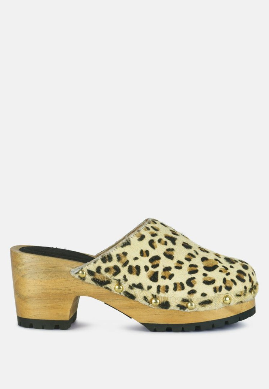 Ss'22 * | Rag & Co Acer Fine Suede Printed Leopard Clog Slides In Beige Clogs Beige Leopard