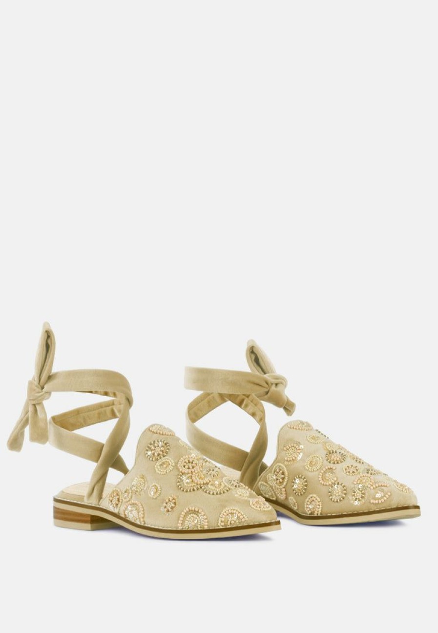 Ss'22 * | Rag & Co Flats Mande Embroidered Velvet Mules In Beige