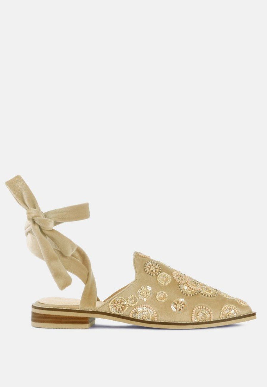 Ss'22 * | Rag & Co Flats Mande Embroidered Velvet Mules In Beige