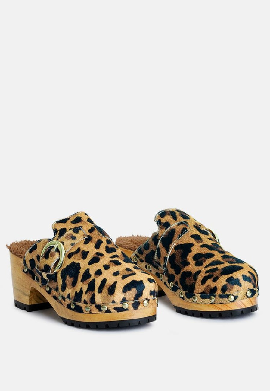 Ss'22 * | Rag & Co Prunus Buckled Suede Round Toe Mule Clogs Leopard