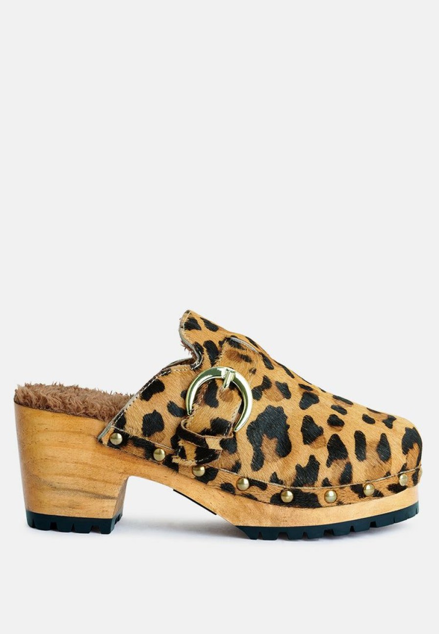 Ss'22 * | Rag & Co Prunus Buckled Suede Round Toe Mule Clogs Leopard