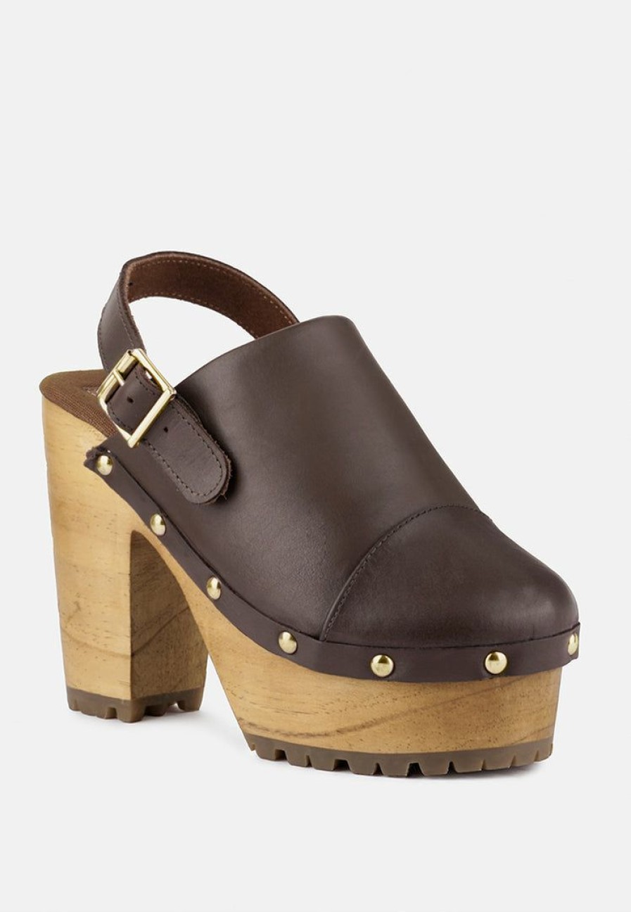 Clogs * | Rag & Co Alona Slingback High Block Heeled Clogs Brown