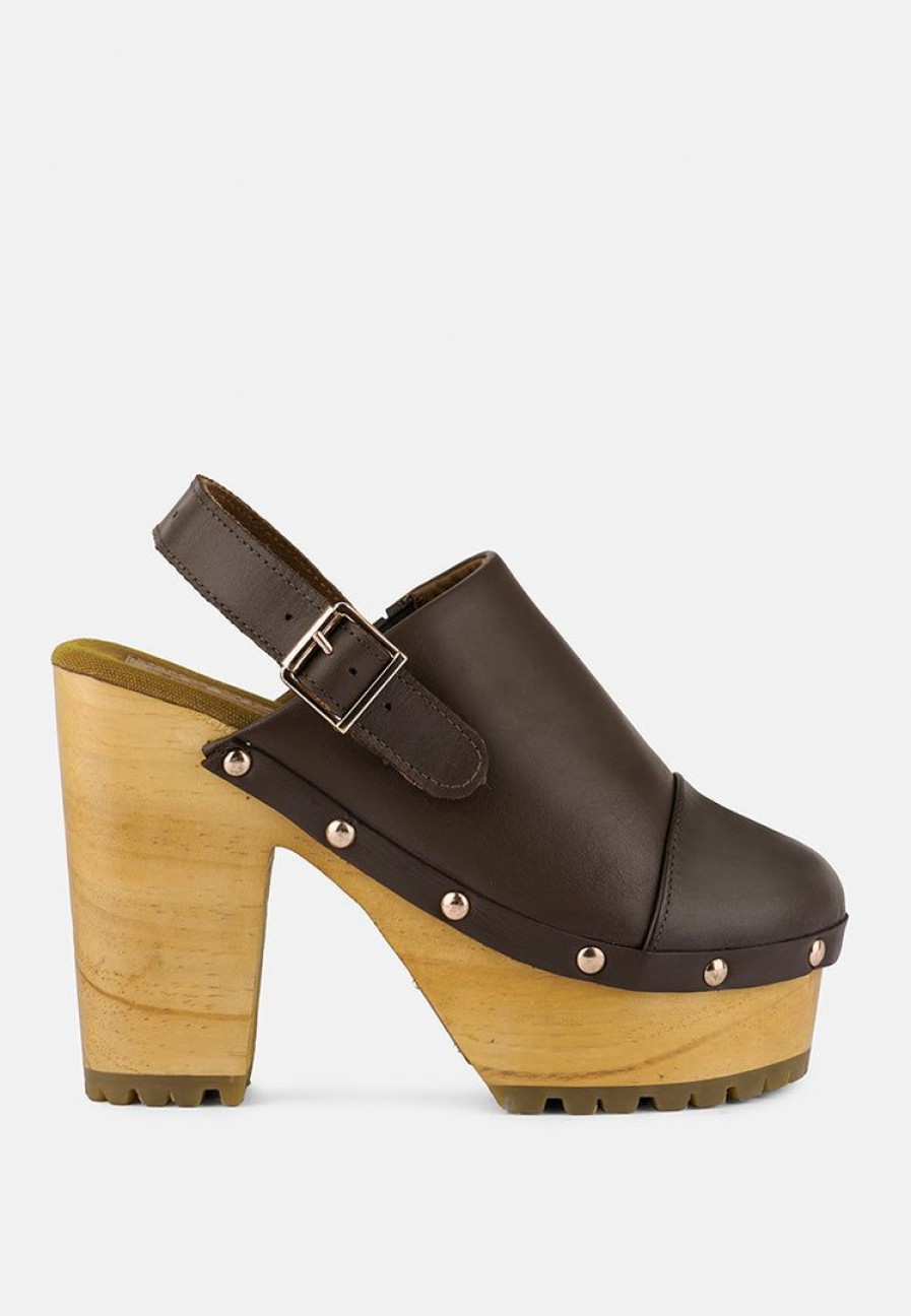 Clogs * | Rag & Co Alona Slingback High Block Heeled Clogs Brown