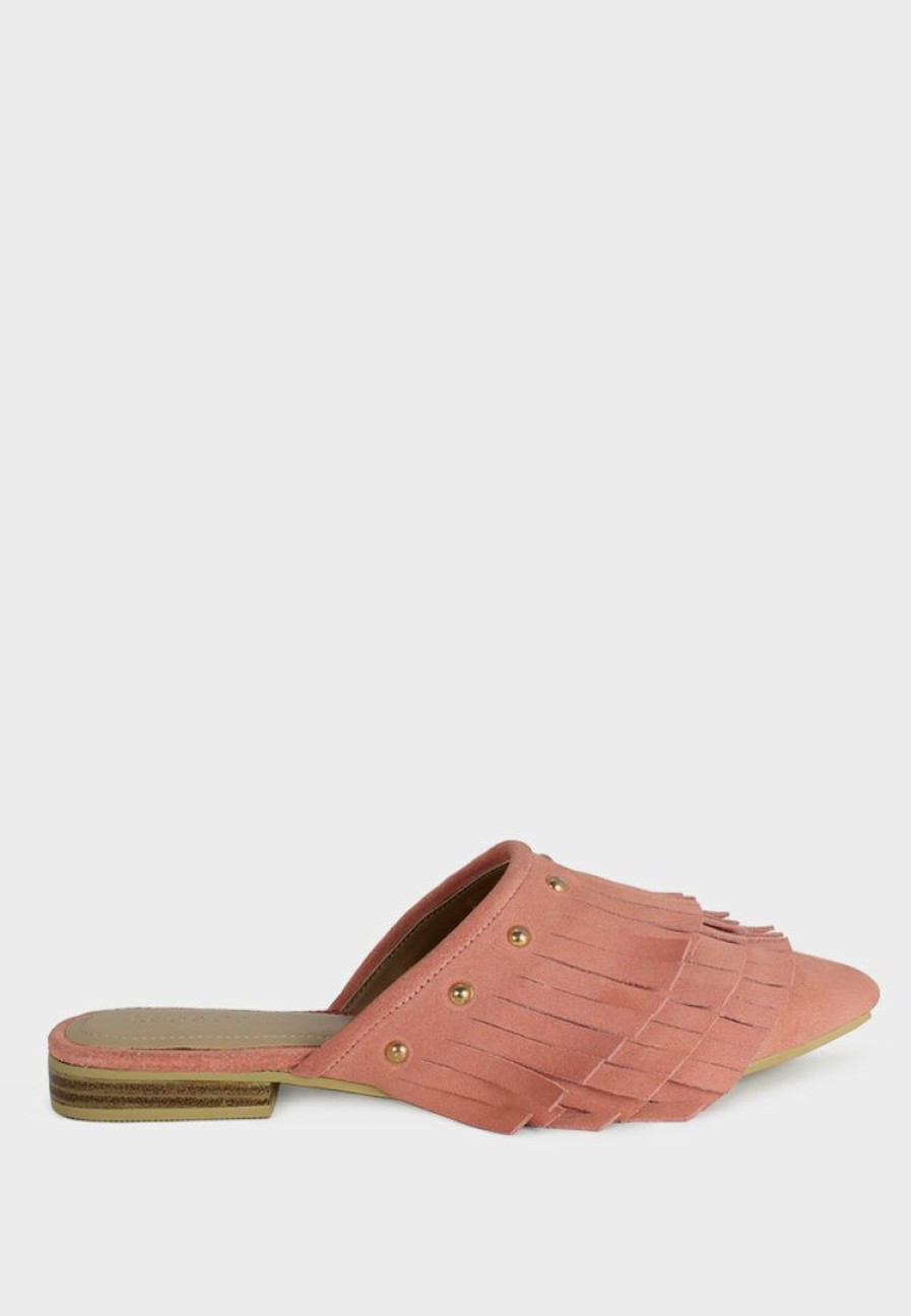 Flats * | Rag & Co Flats Marissa Marissa Suede Fringe Mules Pink