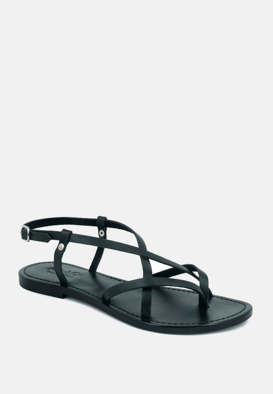 Ss'22 * | Rag & Co Flats Rita Strappy Flat Leather Sandals Black