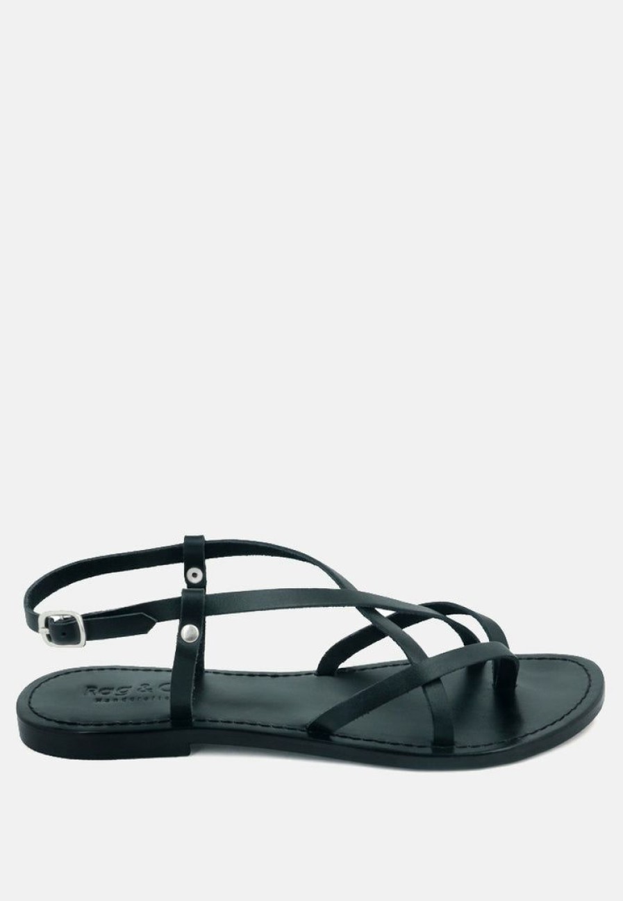 Ss'22 * | Rag & Co Flats Rita Strappy Flat Leather Sandals Black