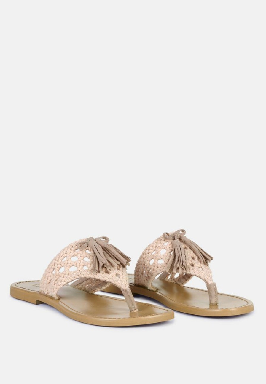 Ss'22 * | Rag & Co Beech Handwoven Natural Suede Tassel Thong Flats Latte