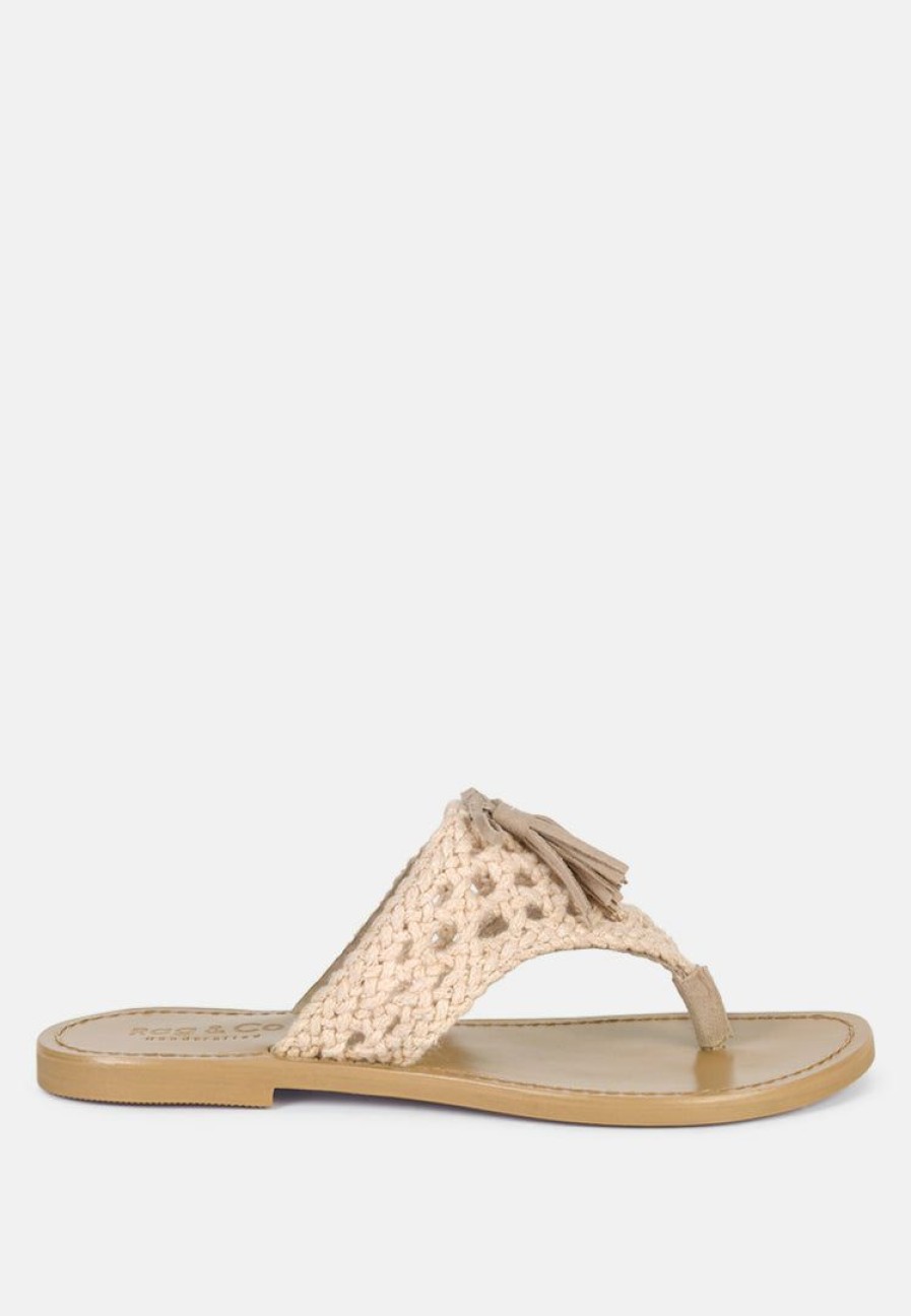 Ss'22 * | Rag & Co Beech Handwoven Natural Suede Tassel Thong Flats Latte