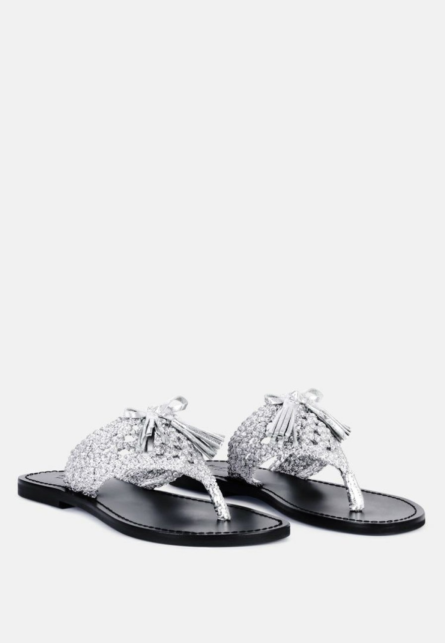 Ss'22 * | Rag & Co Beech Handwoven Natural Suede Tassel Thong Flats Silver