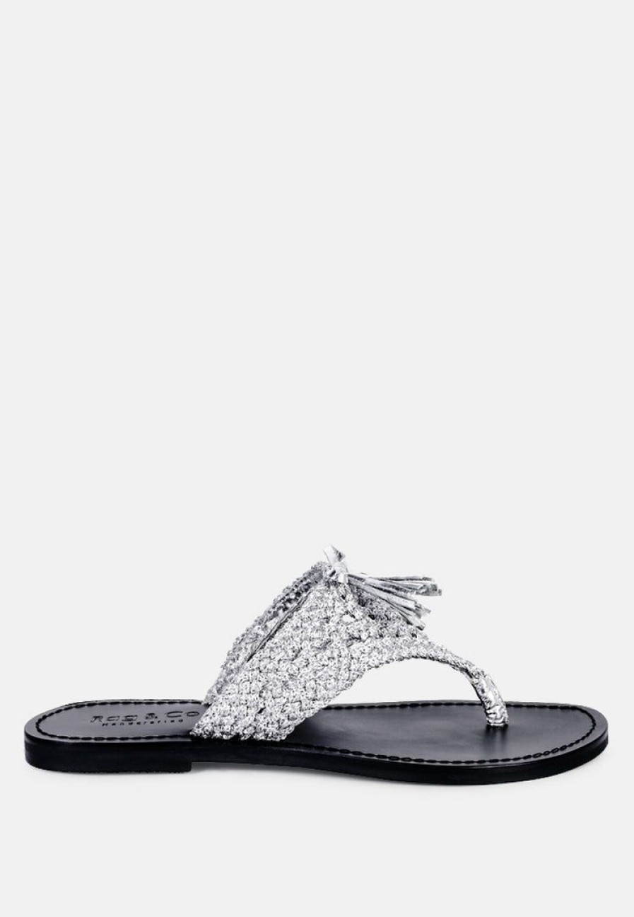 Ss'22 * | Rag & Co Beech Handwoven Natural Suede Tassel Thong Flats Silver